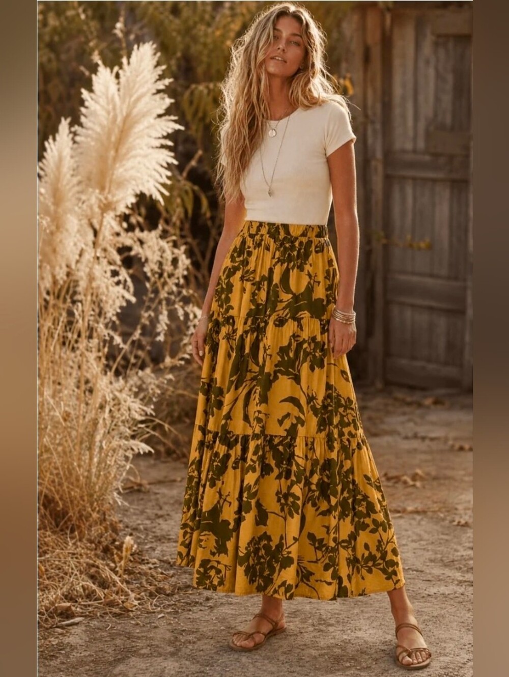 Boho Tiered Elastic Waist Floral Maxi Skirt - Mustard Green